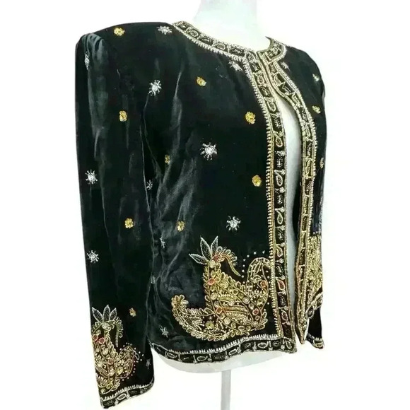LESLIE FAY Black Velvet Evening Jacket with exquisite Beading and jewels  Size S - Picture 2 of 16